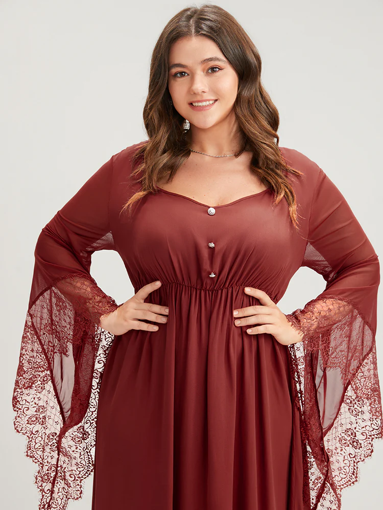 Halloween Solid Lace Bell Sleeve Asymmetrical Button Front Dress - Image 6