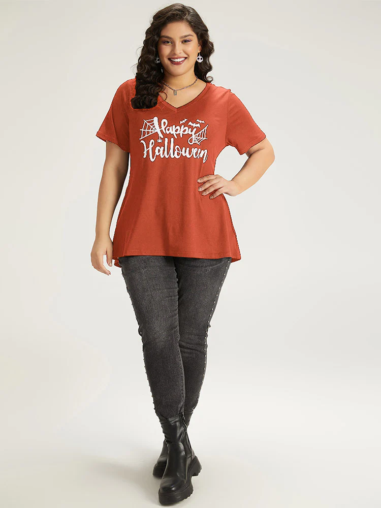 Halloween Letter Print V Neck T-shirt - Image 11