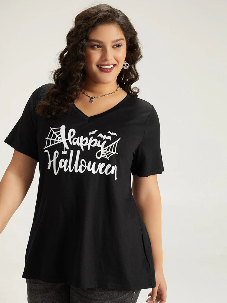 Halloween Letter Print V Neck T-shirt - Image 3