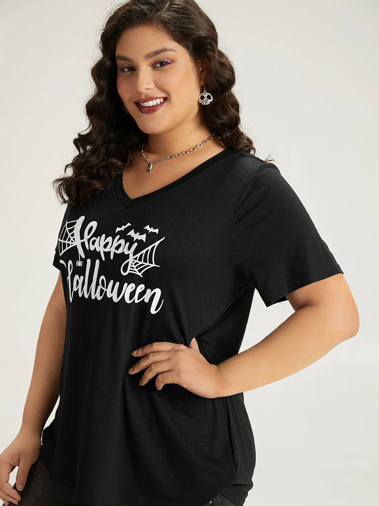 Halloween Letter Print V Neck T-shirt - Image 4