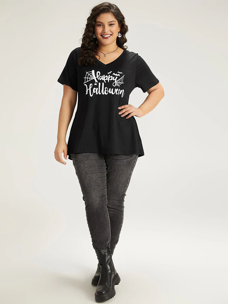 Halloween Letter Print V Neck T-shirt - Image 5