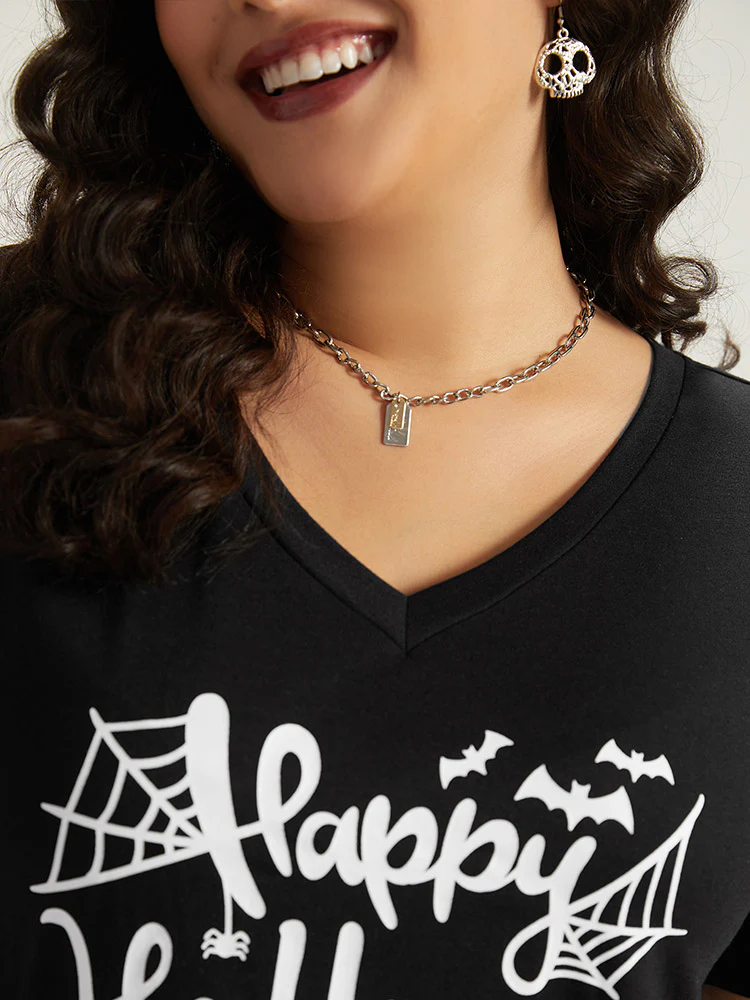 Halloween Letter Print V Neck T-shirt - Image 6