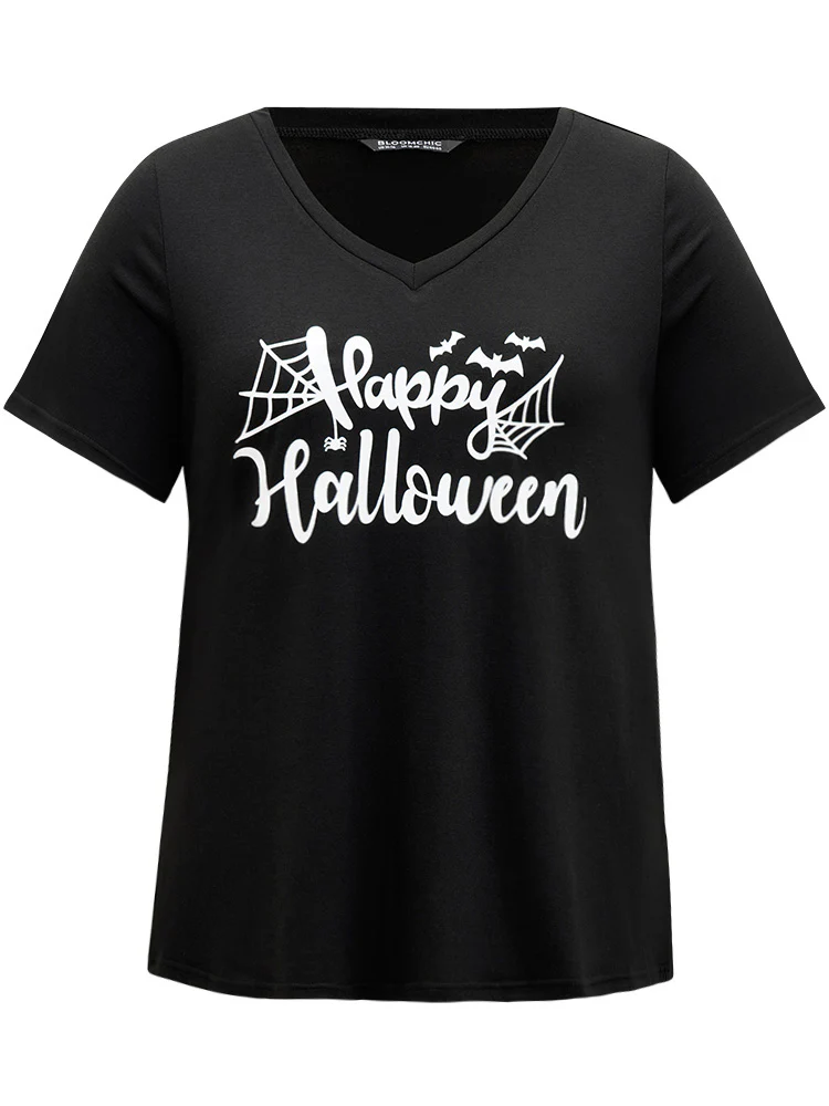 Halloween Letter Print V Neck T-shirt - Image 7