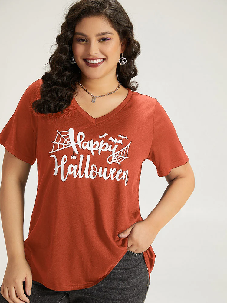 Halloween Letter Print V Neck T-shirt - Image 8