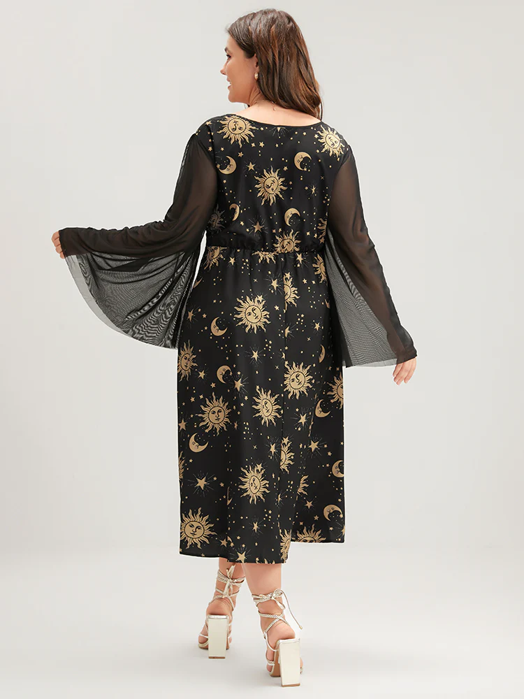 Halloween Moon And Star Bell Sleeve Pocket Crew Neck Midi Dress - Image 2