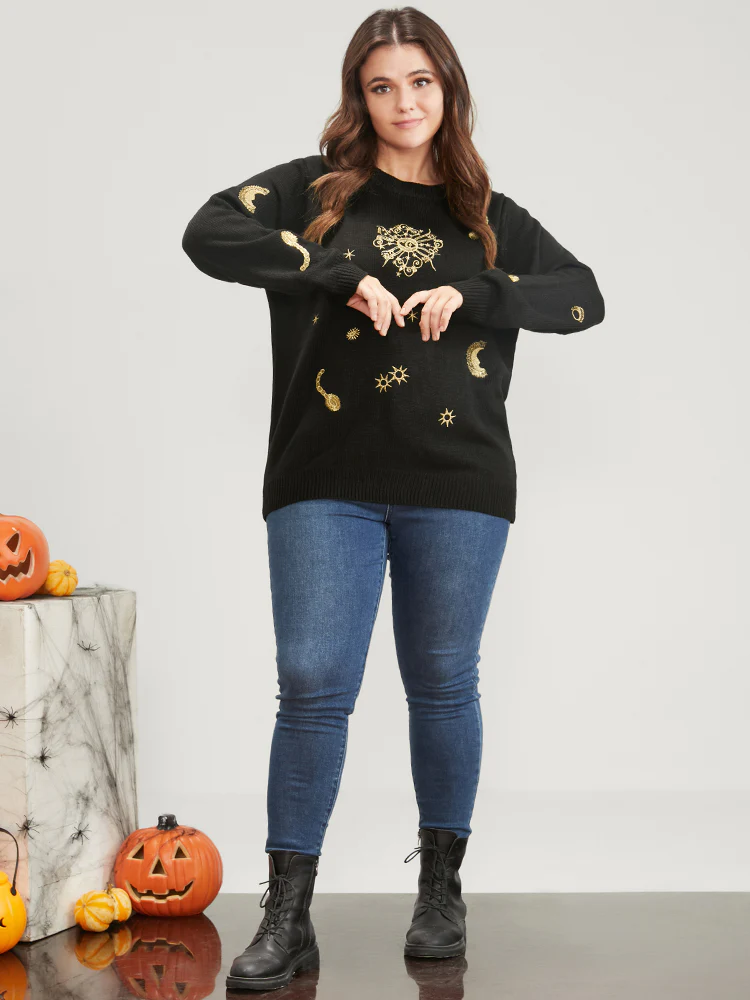 Halloween Moon And Star Pointelle Knit Embroidered Knit Top - Image 2
