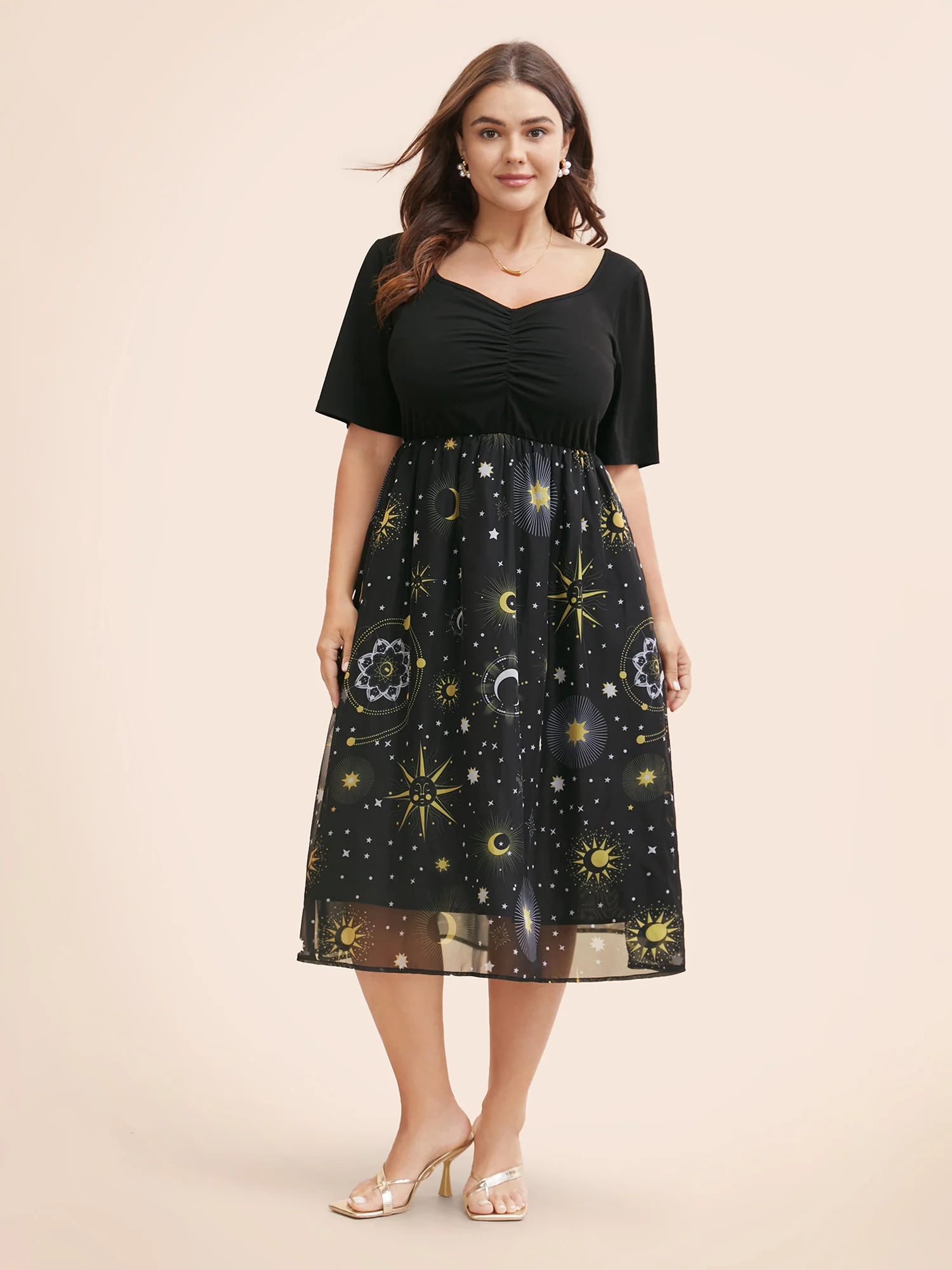 Halloween Moon & Star Print Ruched Patchwork Dress - Image 2