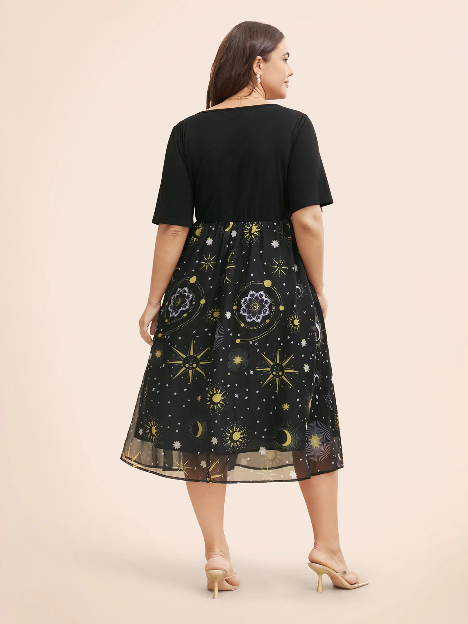 Halloween Moon & Star Print Ruched Patchwork Dress - Image 3