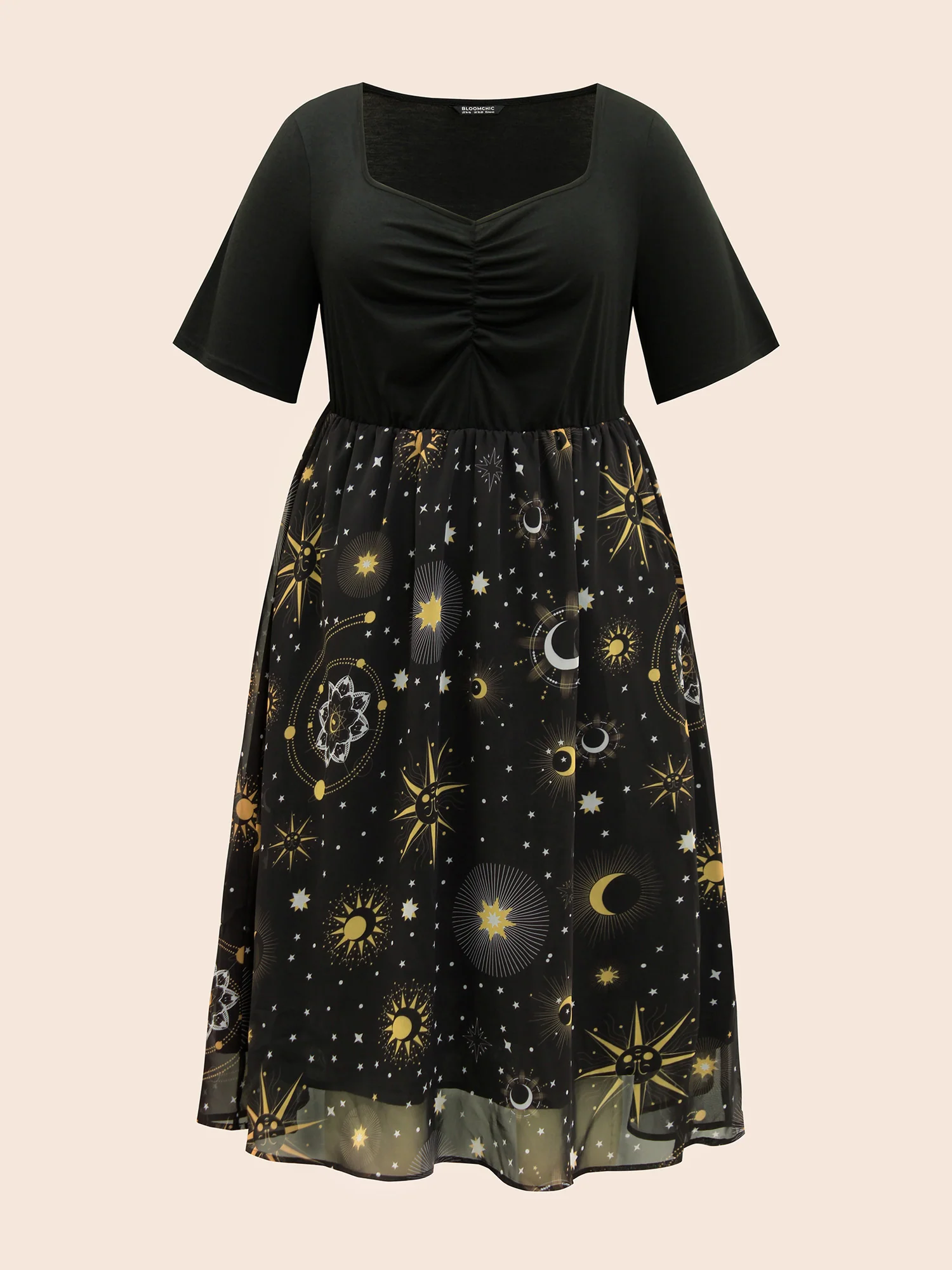 Halloween Moon & Star Print Ruched Patchwork Dress - Image 7