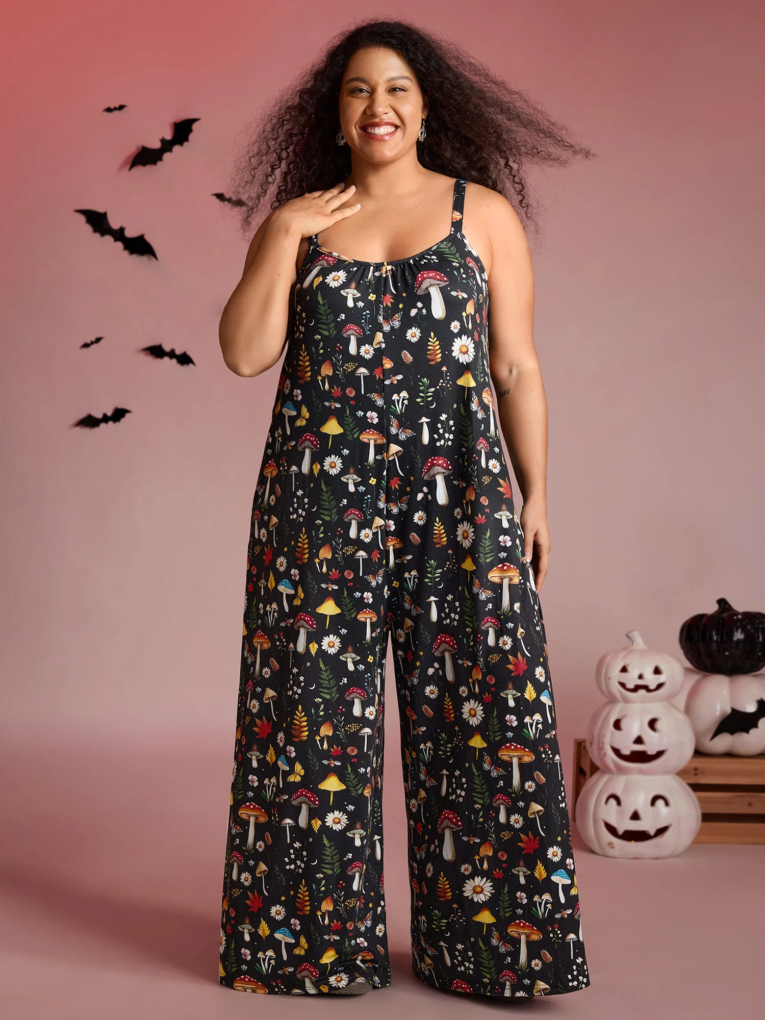 Halloween Mushroom Print Pockets Cami Jumpsuit - Image 3