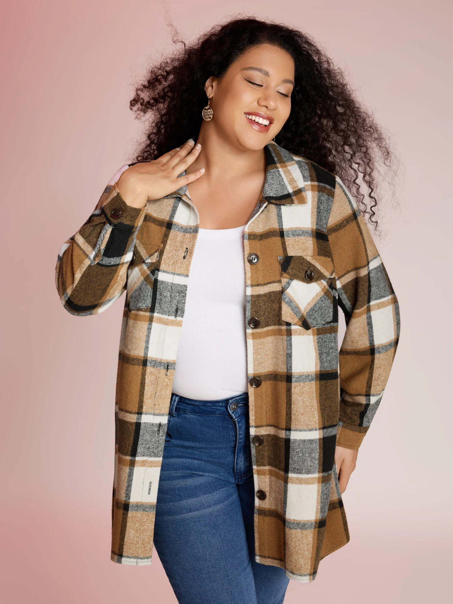 Plaid Chest Pockets Long Jacket - Image 15