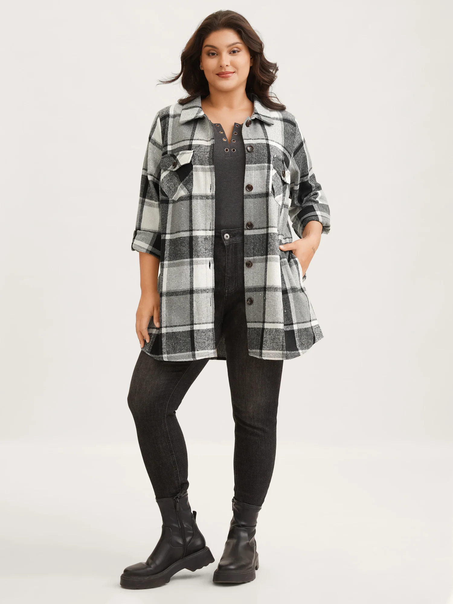 Plaid Chest Pockets Long Jacket - Image 2