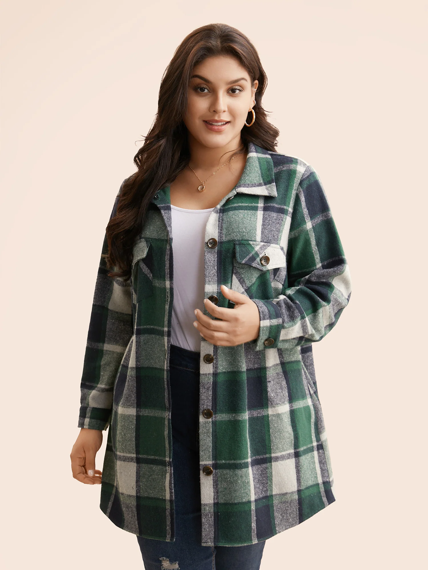 Plaid Chest Pockets Long Jacket - Image 22