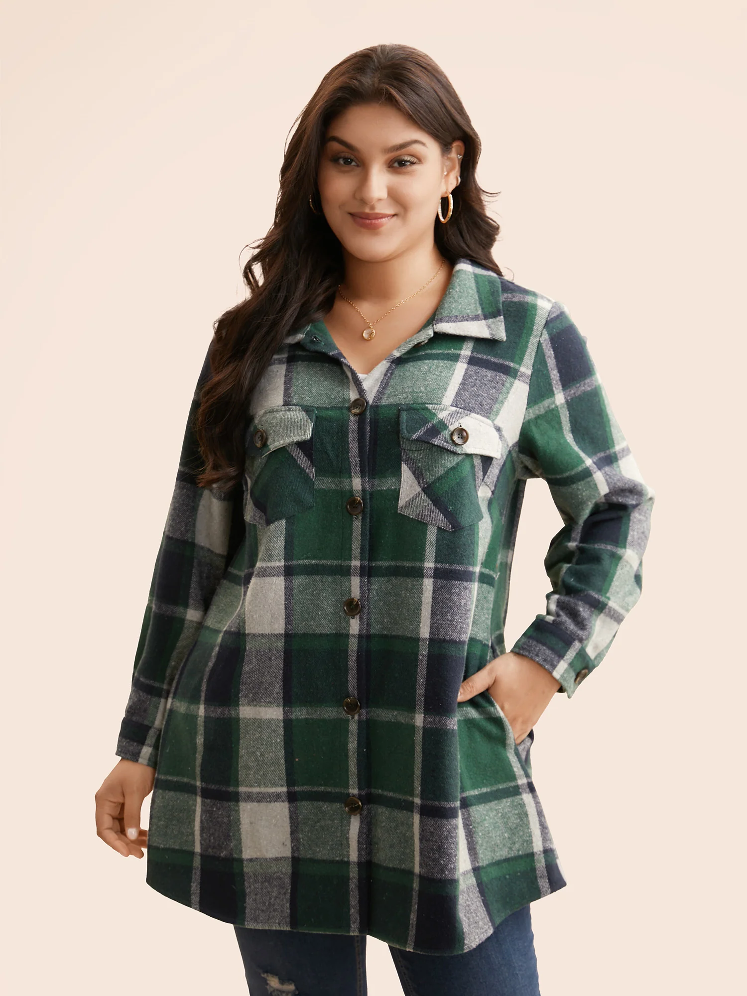 Plaid Chest Pockets Long Jacket - Image 23