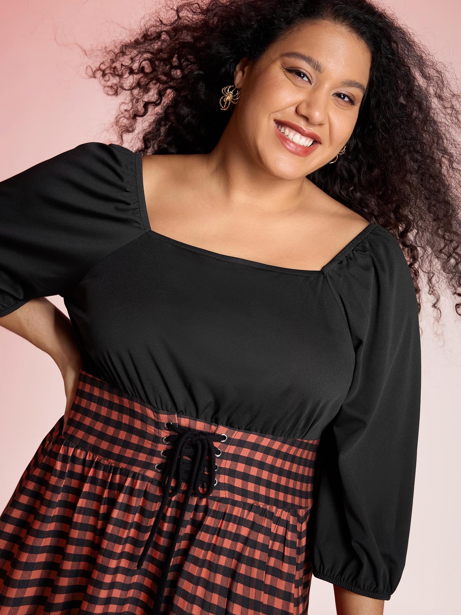 Halloween Plaid Print Crosstie Contrast Midi Dress - Image 2