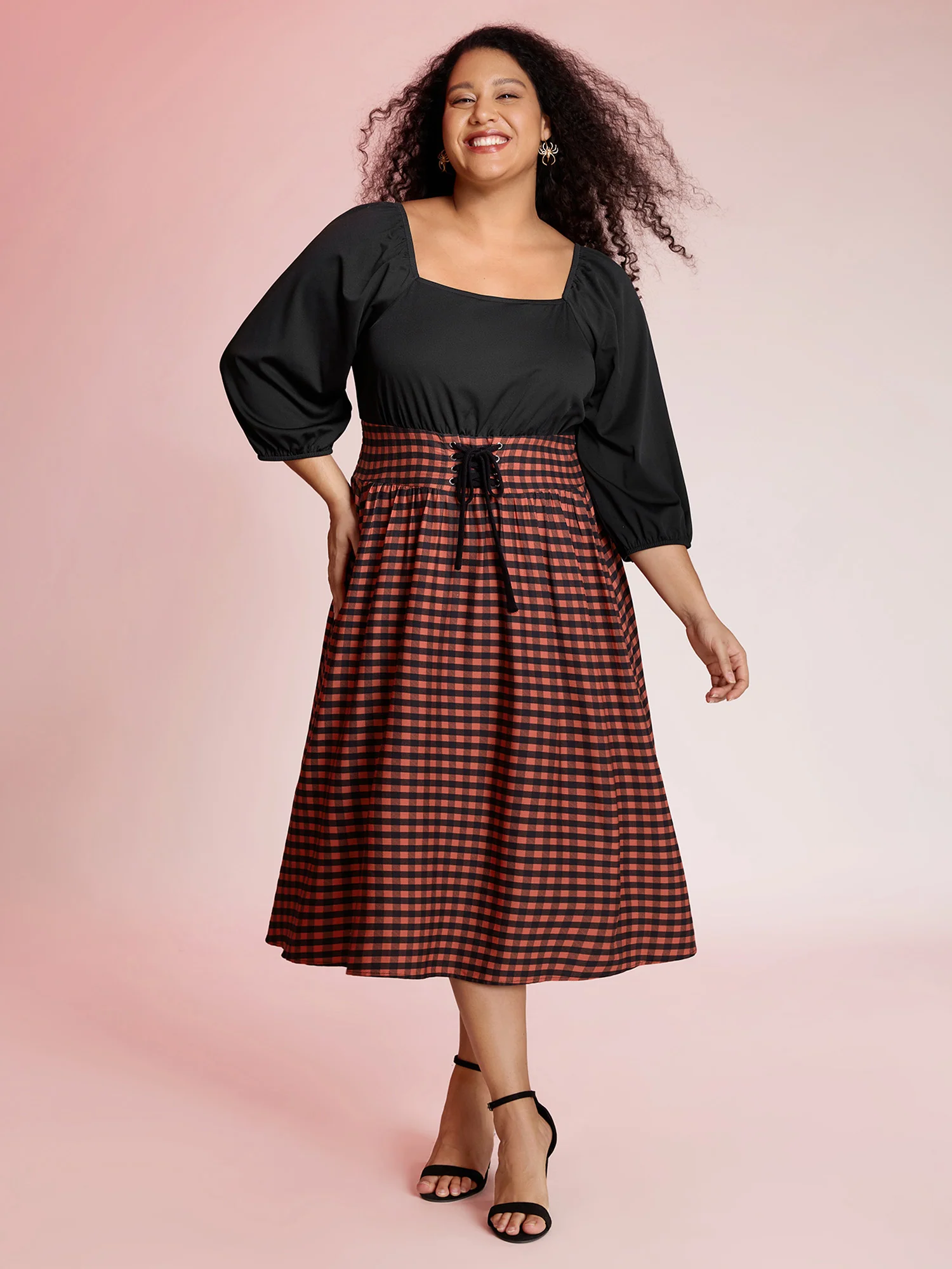 Halloween Plaid Print Crosstie Contrast Midi Dress - Image 3