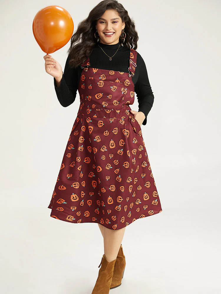 Halloween Pocket Pumpkin Print Overall Cami Dress - Image 12
