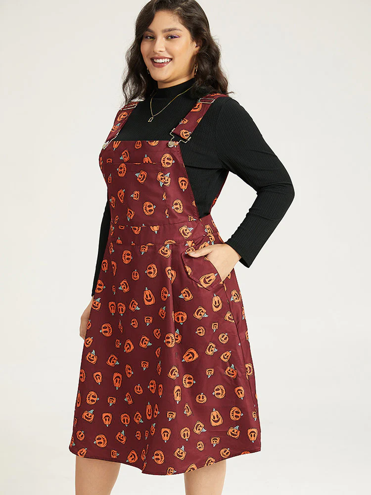 Halloween Pocket Pumpkin Print Overall Cami Dress - Image 15