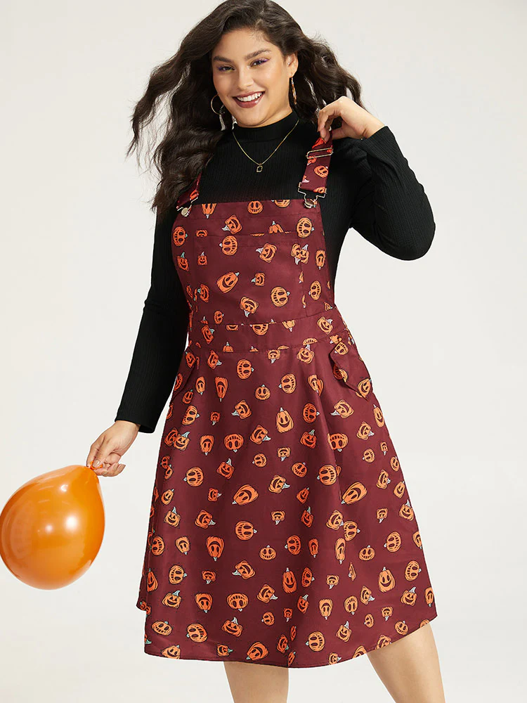Halloween Pocket Pumpkin Print Overall Cami Dress - Image 17