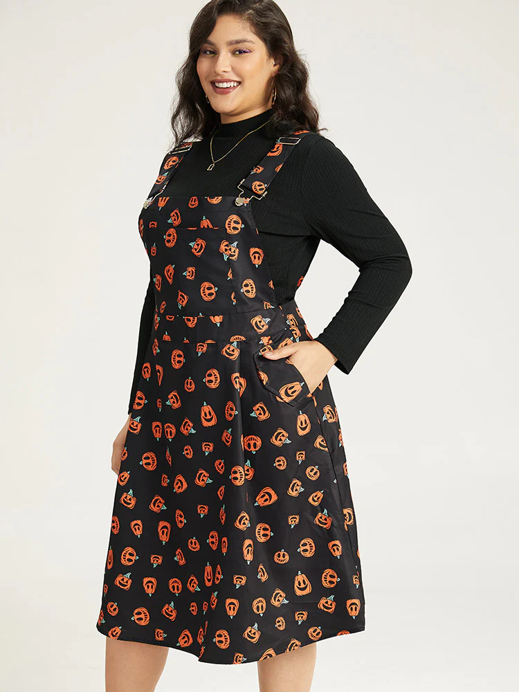 Halloween Pocket Pumpkin Print Overall Cami Dress - Image 2