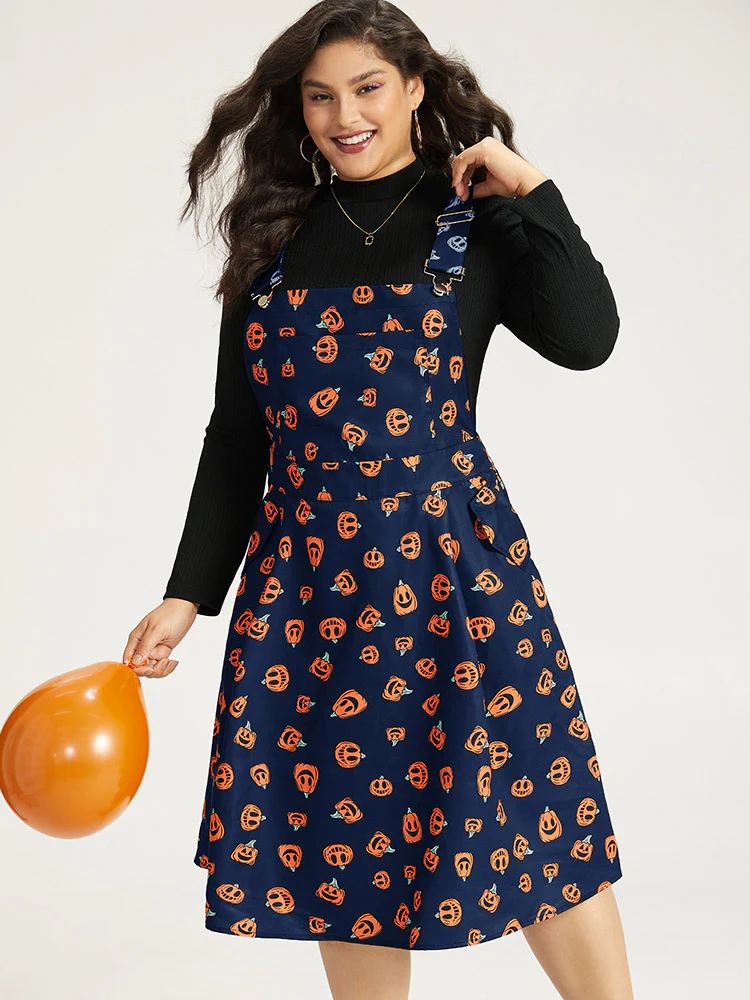 Halloween Pocket Pumpkin Print Overall Cami Dress - Image 23