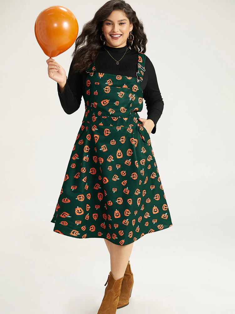 Halloween Pocket Pumpkin Print Overall Cami Dress - Image 27