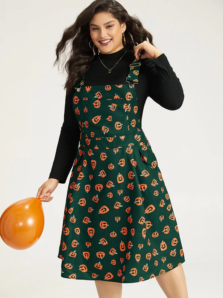 Halloween Pocket Pumpkin Print Overall Cami Dress - Image 29