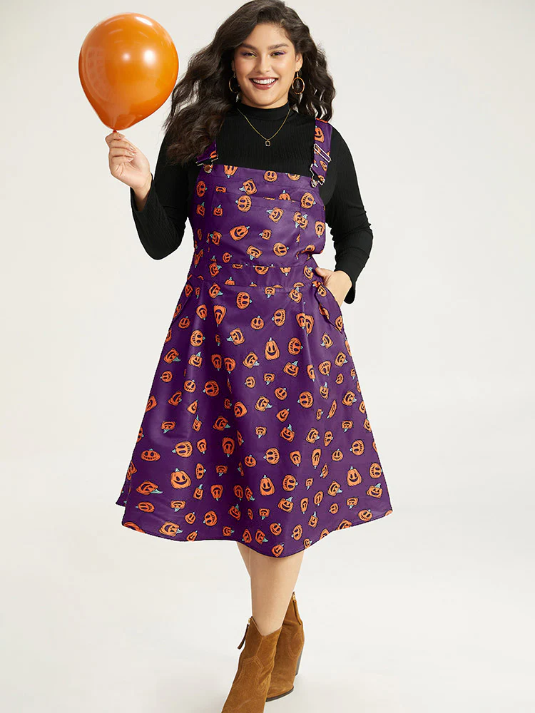 Halloween Pocket Pumpkin Print Overall Cami Dress - Image 30