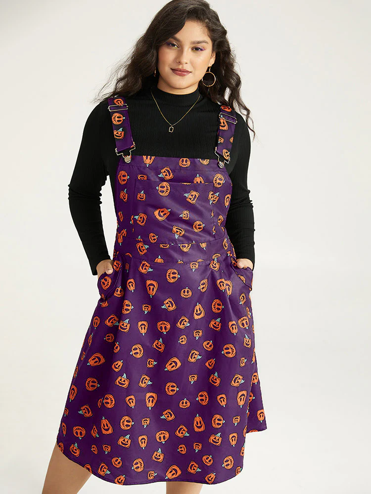 Halloween Pocket Pumpkin Print Overall Cami Dress - Image 31