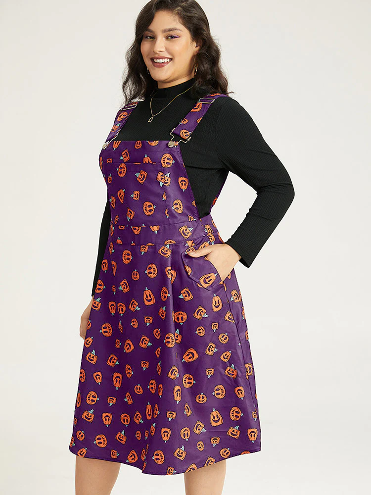 Halloween Pocket Pumpkin Print Overall Cami Dress - Image 33