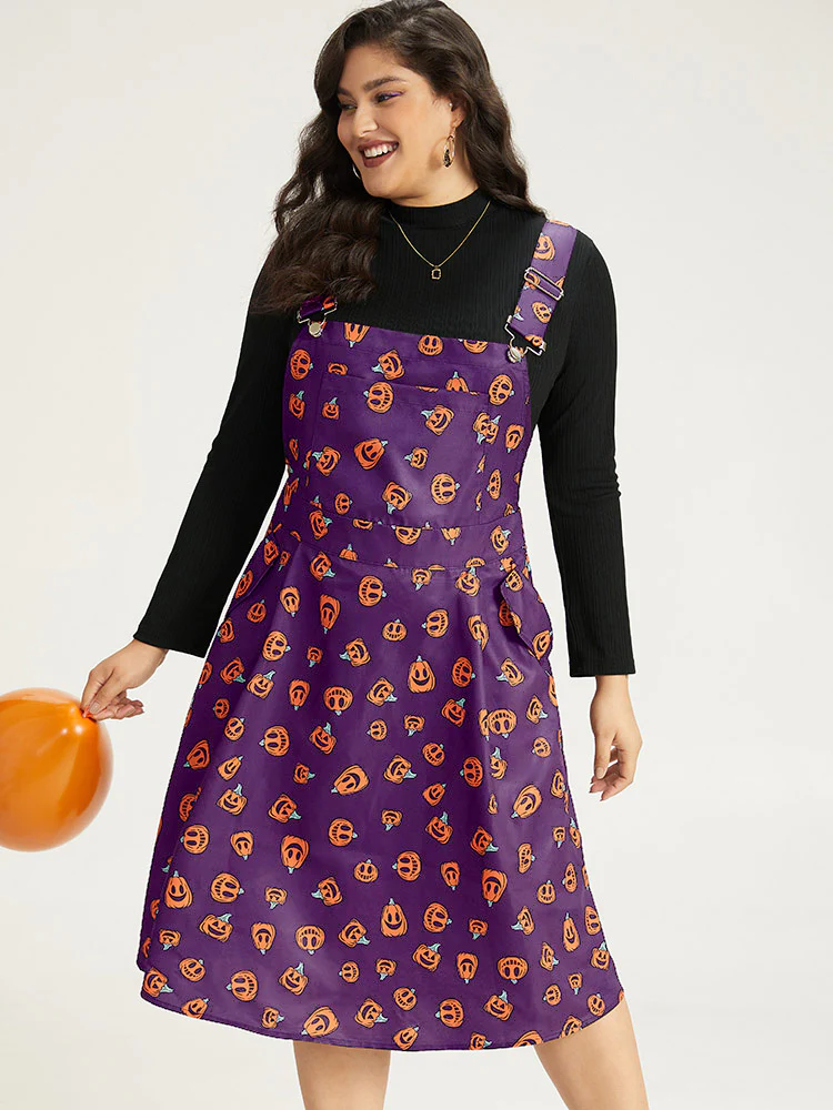Halloween Pocket Pumpkin Print Overall Cami Dress - Image 34
