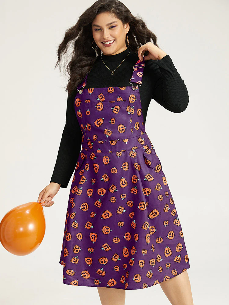 Halloween Pocket Pumpkin Print Overall Cami Dress - Image 35
