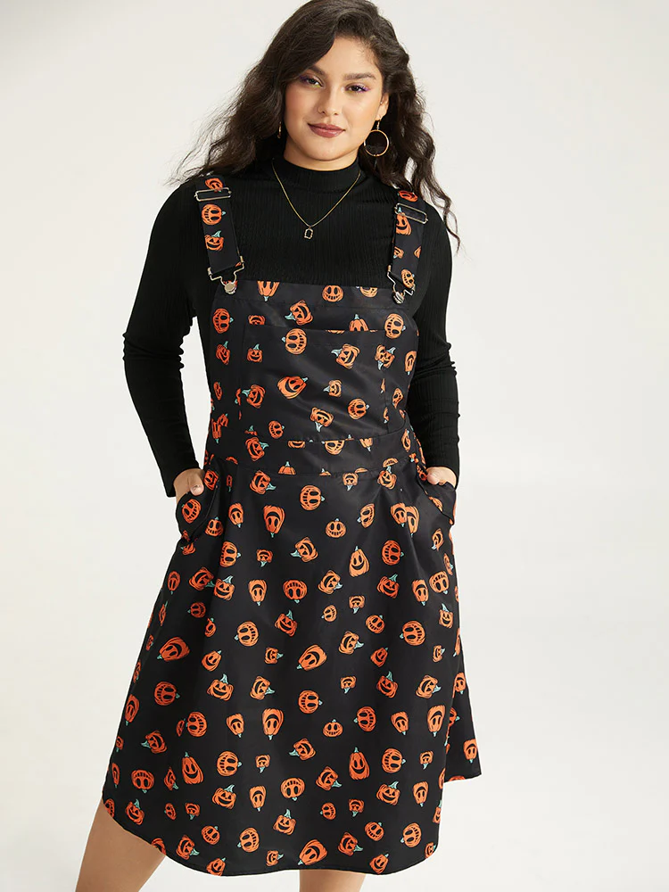 Halloween Pocket Pumpkin Print Overall Cami Dress - Image 4