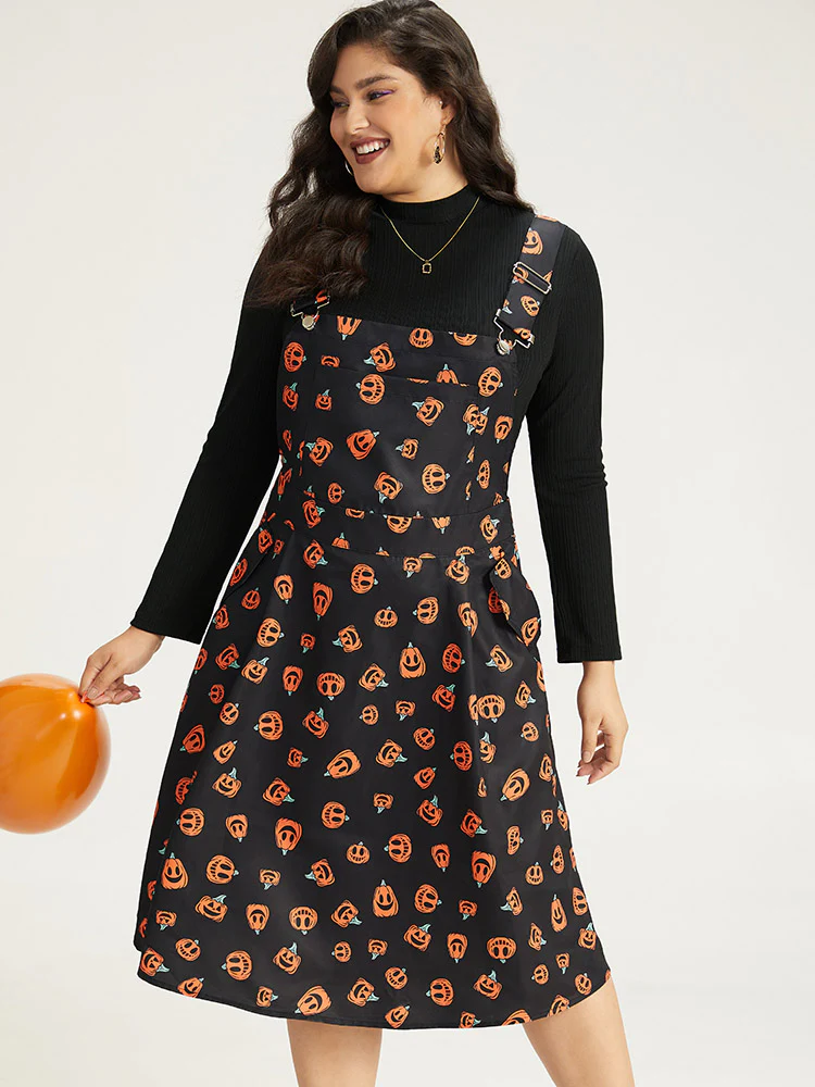 Halloween Pocket Pumpkin Print Overall Cami Dress - Image 5