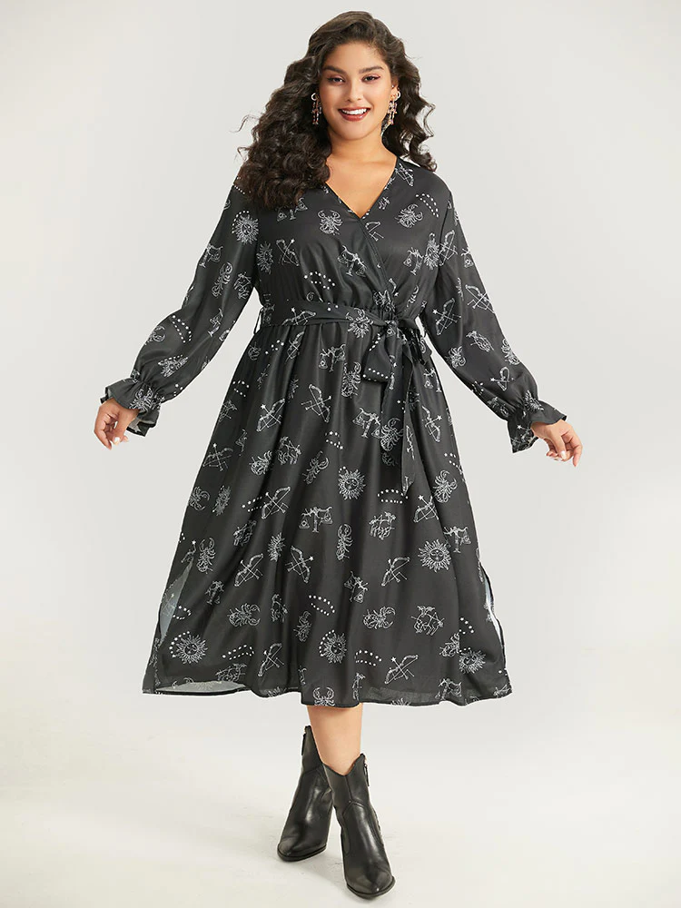 Halloween Print Belted Pocket Wrap Split Hem Dress - Image 3