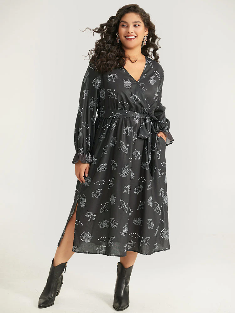 Halloween Print Belted Pocket Wrap Split Hem Dress - Image 4