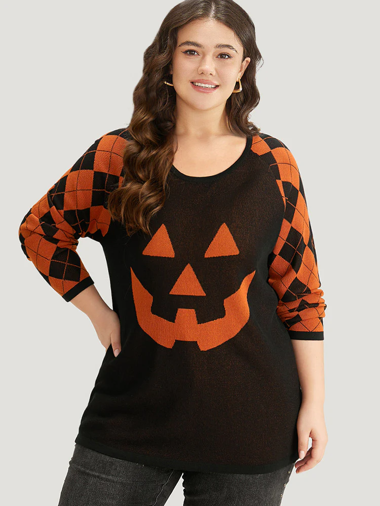 Halloween Print Contrast Round Neck Pullover - Image 3