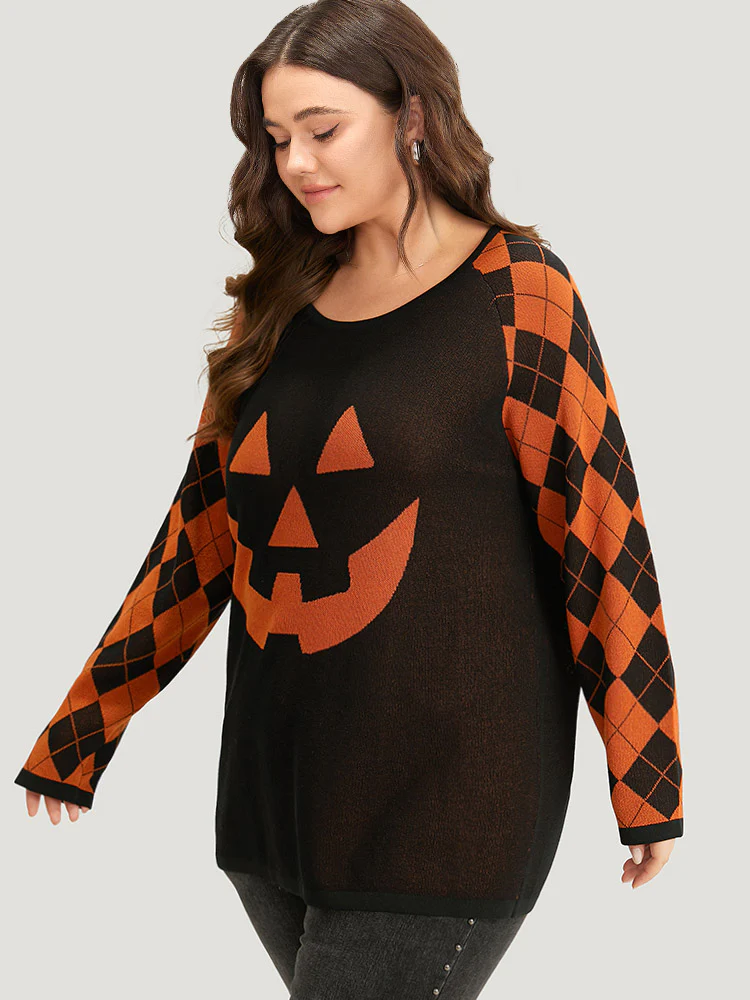 Halloween Print Contrast Round Neck Pullover - Image 4