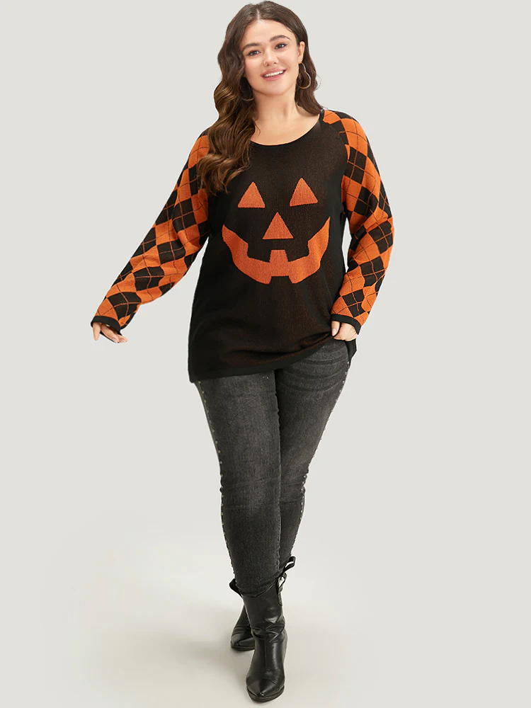 Halloween Print Contrast Round Neck Pullover - Image 5