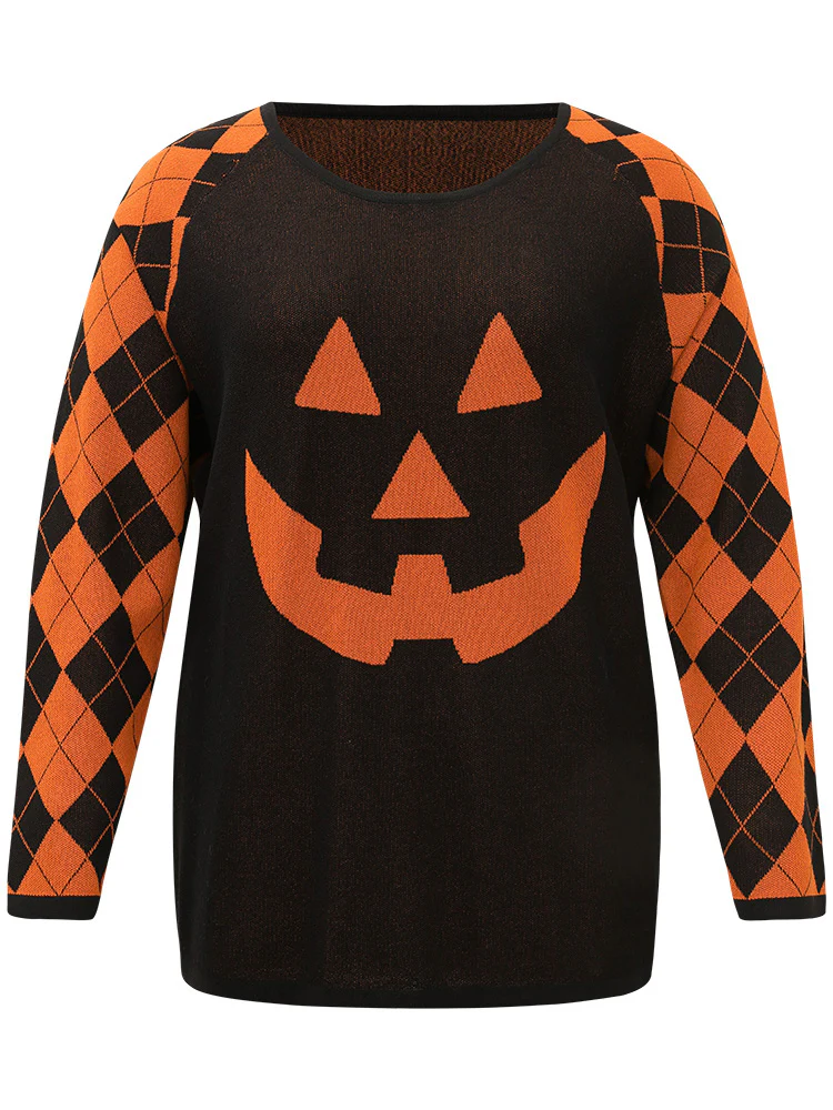 Halloween Print Contrast Round Neck Pullover - Image 8