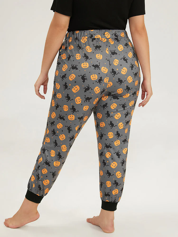 Halloween Print Color Contrast Hem Pajama Bottoms - Image 2