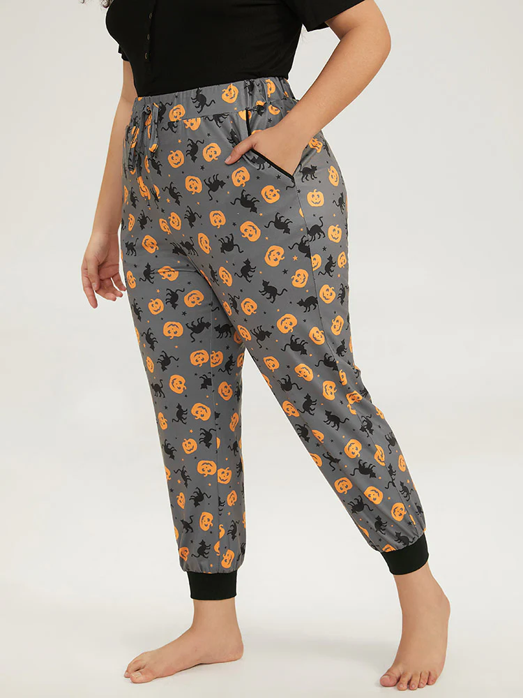 Halloween Print Color Contrast Hem Pajama Bottoms - Image 3