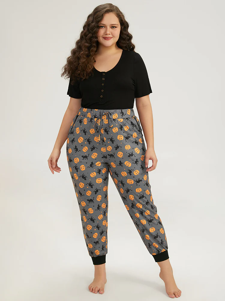 Halloween Print Color Contrast Hem Pajama Bottoms - Image 4