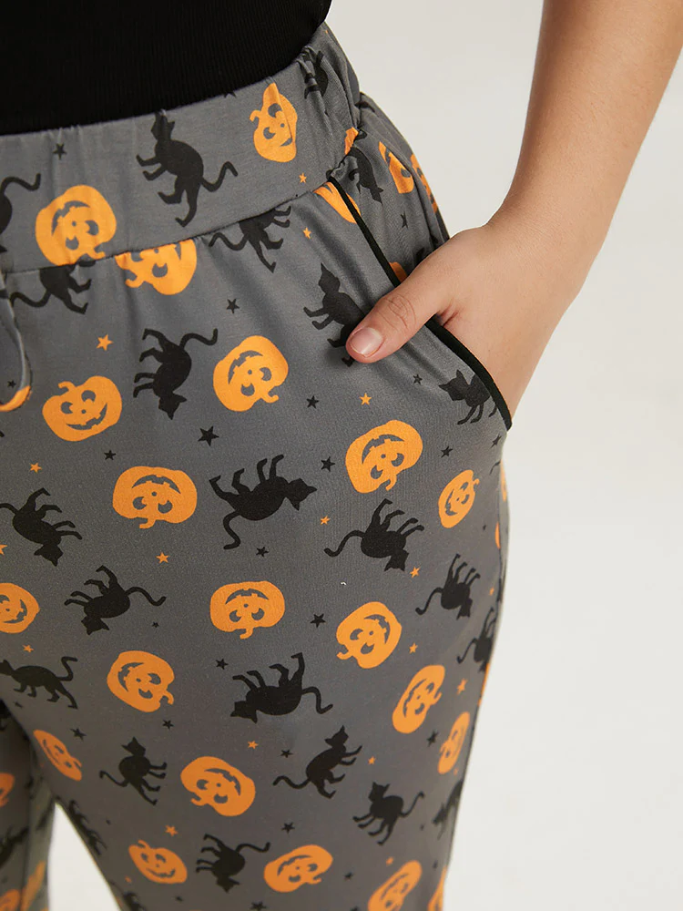 Halloween Print Color Contrast Hem Pajama Bottoms - Image 5