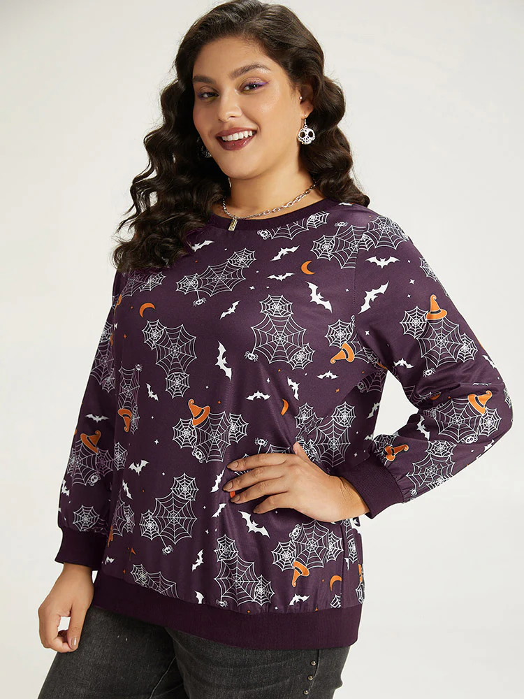 Halloween Print Elastic Cuffs Round Neck Sweatshirt - Image 3