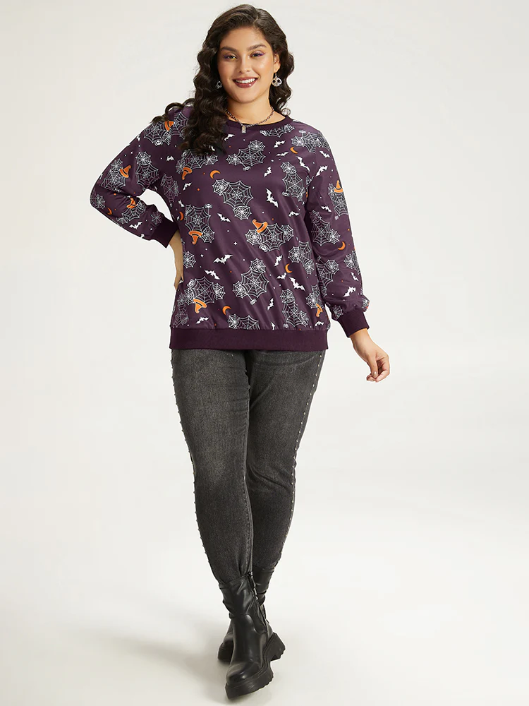 Halloween Print Elastic Cuffs Round Neck Sweatshirt - Image 4