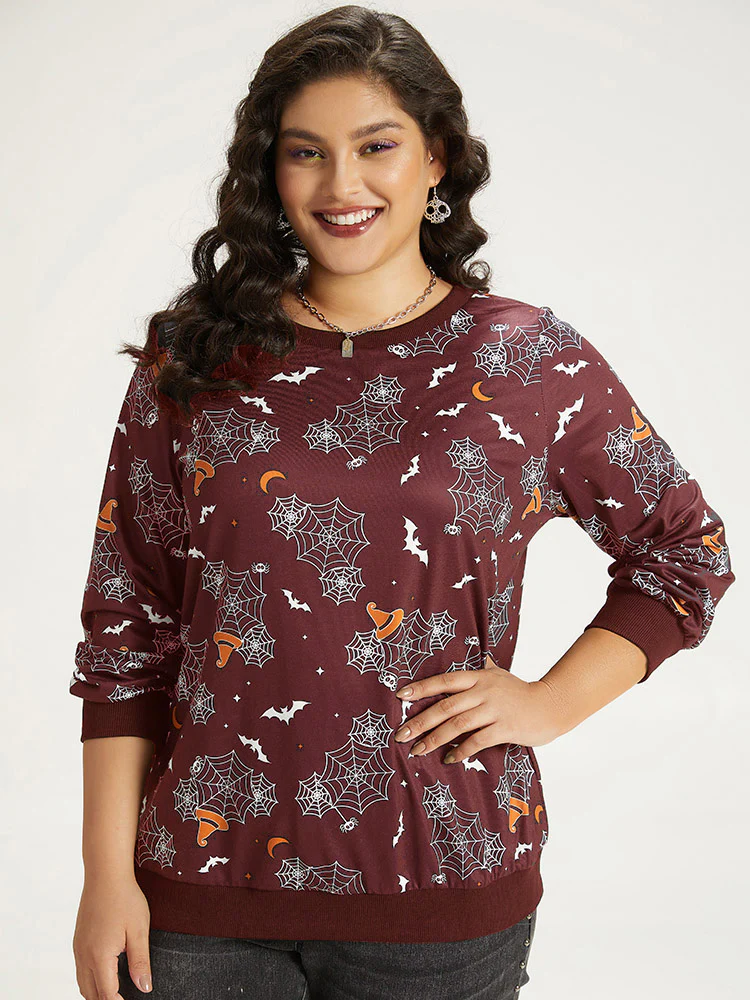 Halloween Print Elastic Cuffs Round Neck Sweatshirt - Image 5