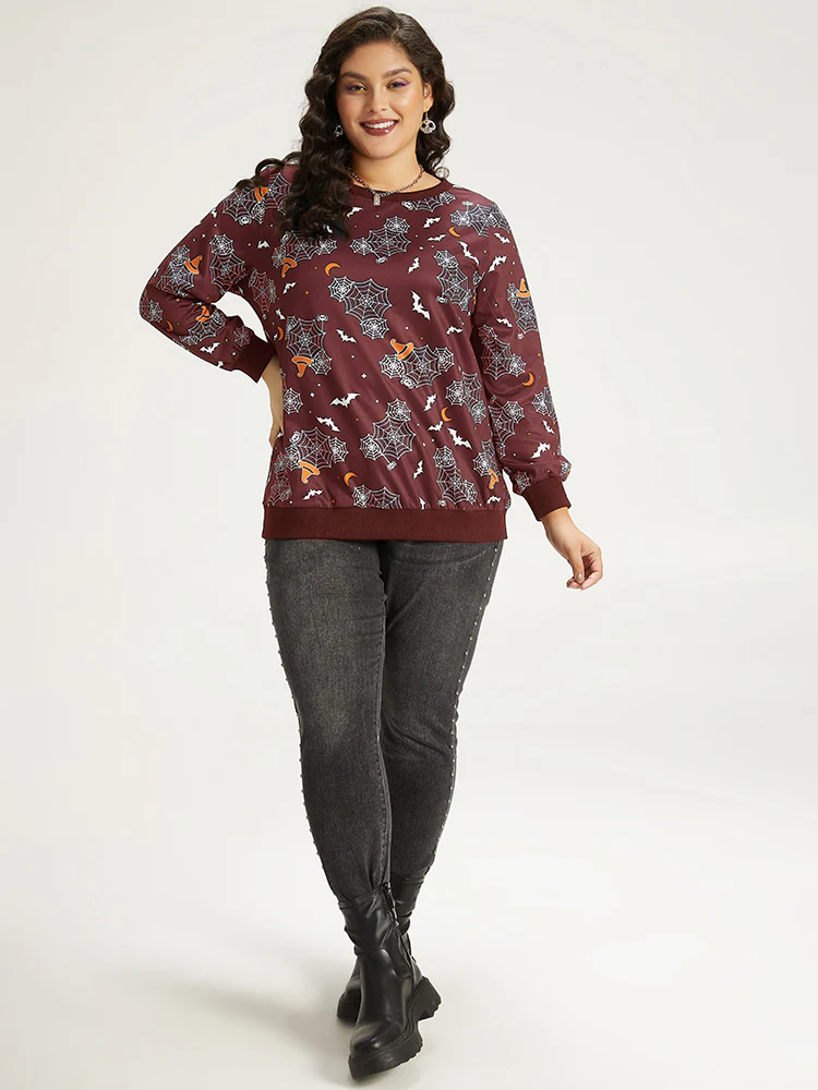 Halloween Print Elastic Cuffs Round Neck Sweatshirt - Image 8