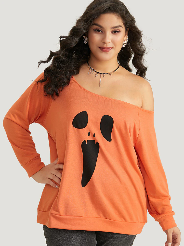 Halloween Print One Shoulder Raglan Sleeve Sweatshirt - Image 3