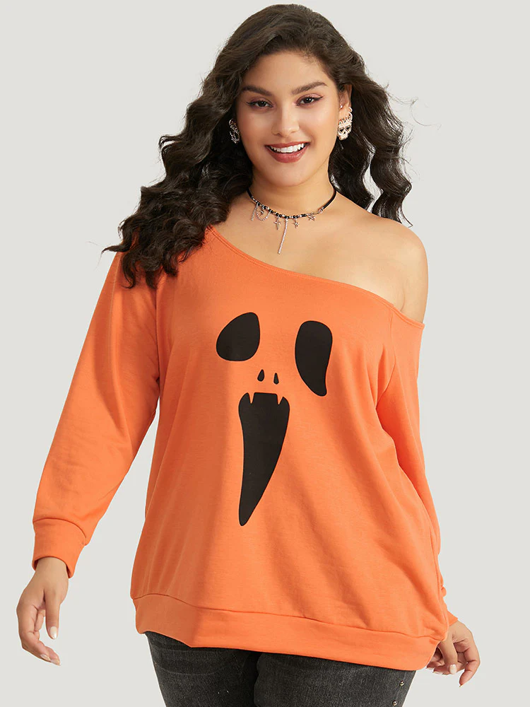 Halloween Print One Shoulder Raglan Sleeve Sweatshirt - Image 4